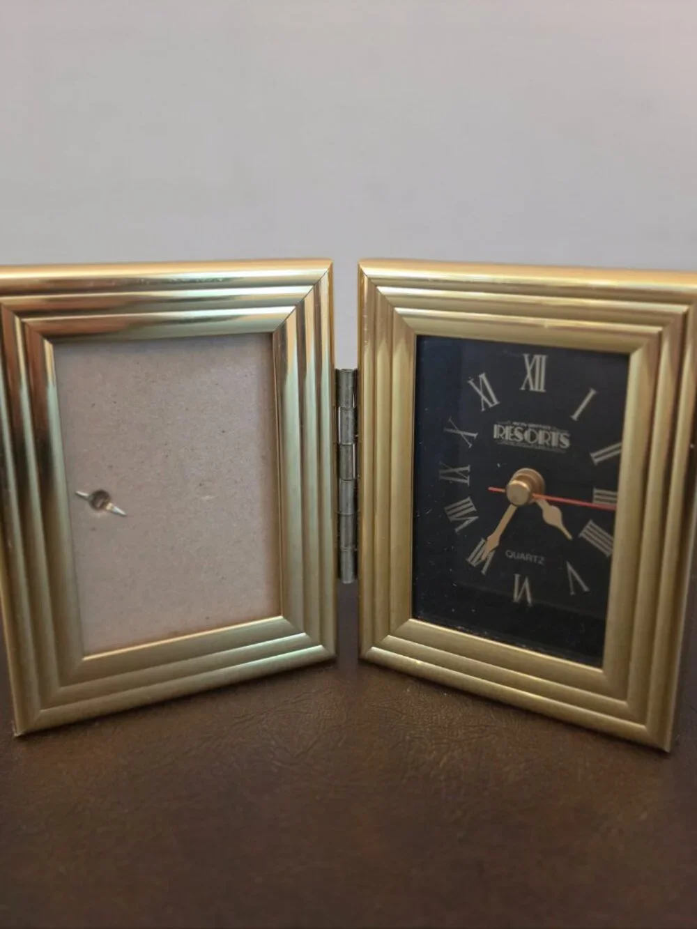 Quartz Gold Tone Brass Desk/Mantle Clock & Picture Frame Set